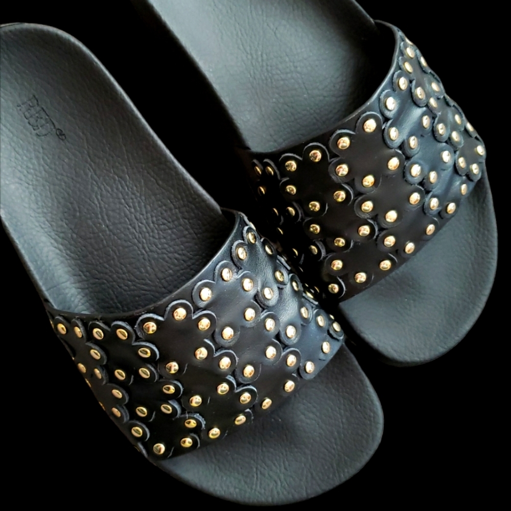 NWOT Red Valentino Flower Puzzle Black & Silver Leather Studded Slides Size 38